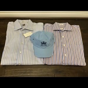 2 Peter Millar Dress Shirt Long Sleeve Stripe L 17 1/2 + NWT Strap Hat Blue NICE
